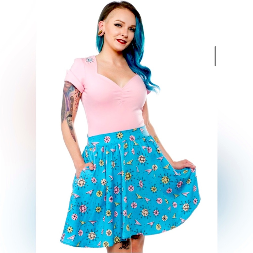 Sourpuss Sputnik Swing Skirt Turquoise Atomic 1960's Women’s Small Pinup
